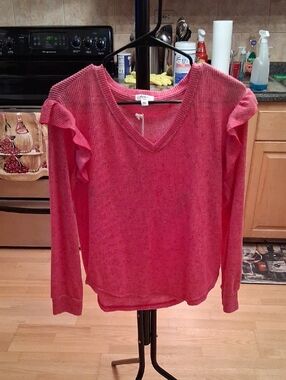 dylan Coral Pink V-Neck Ruffle-Shoulder Pullover
